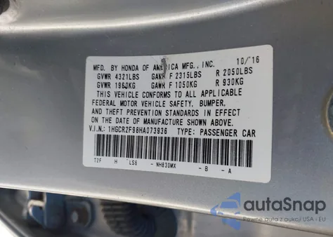 2017 Honda Accord Ex-L z USA, uszkodzony, nr VIN 1HGCR2F98HA073936